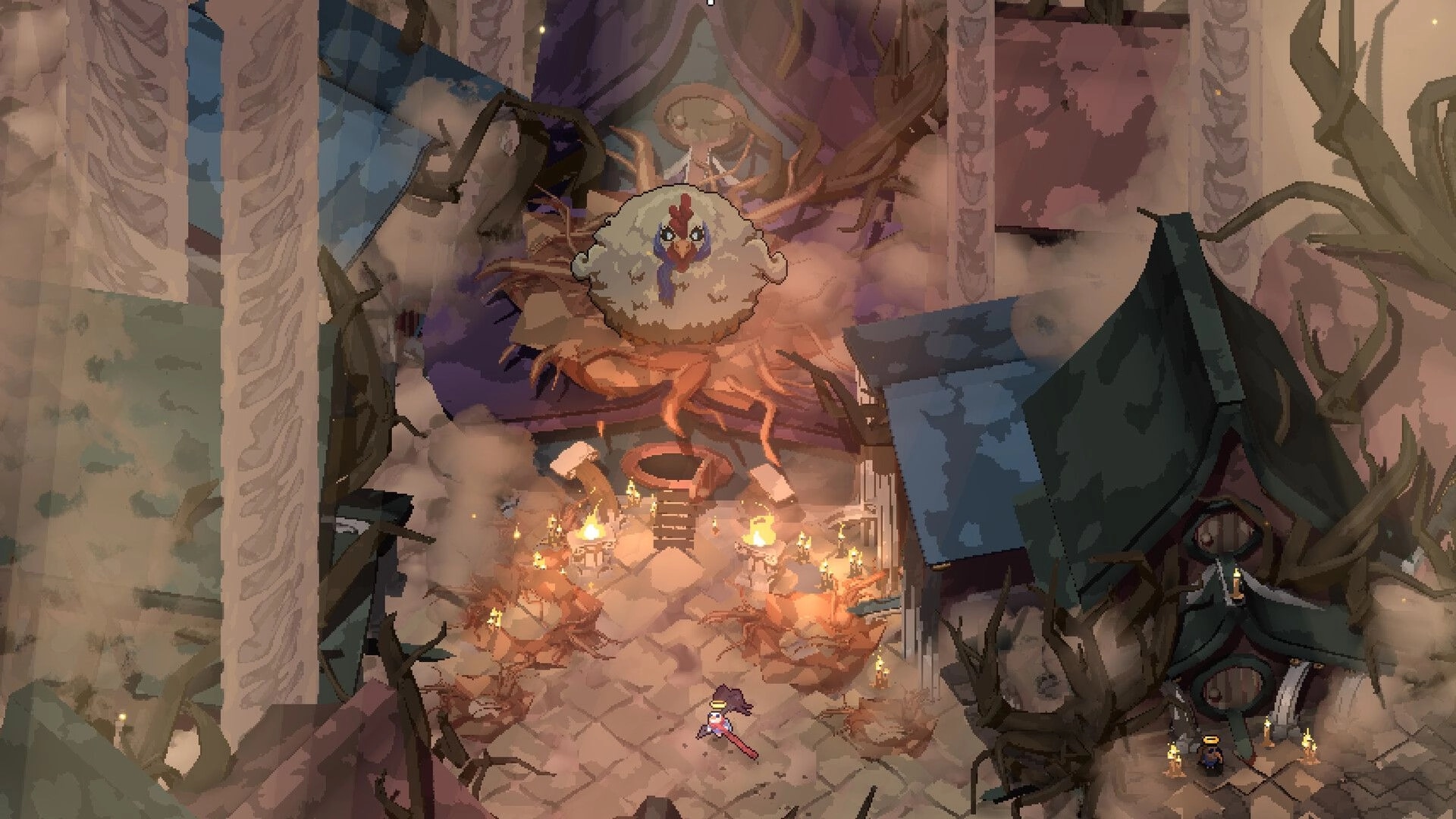BLOODY HELL 2: Haloed birb stands in ruined chapel arena beneath giant chicken idol and candles.