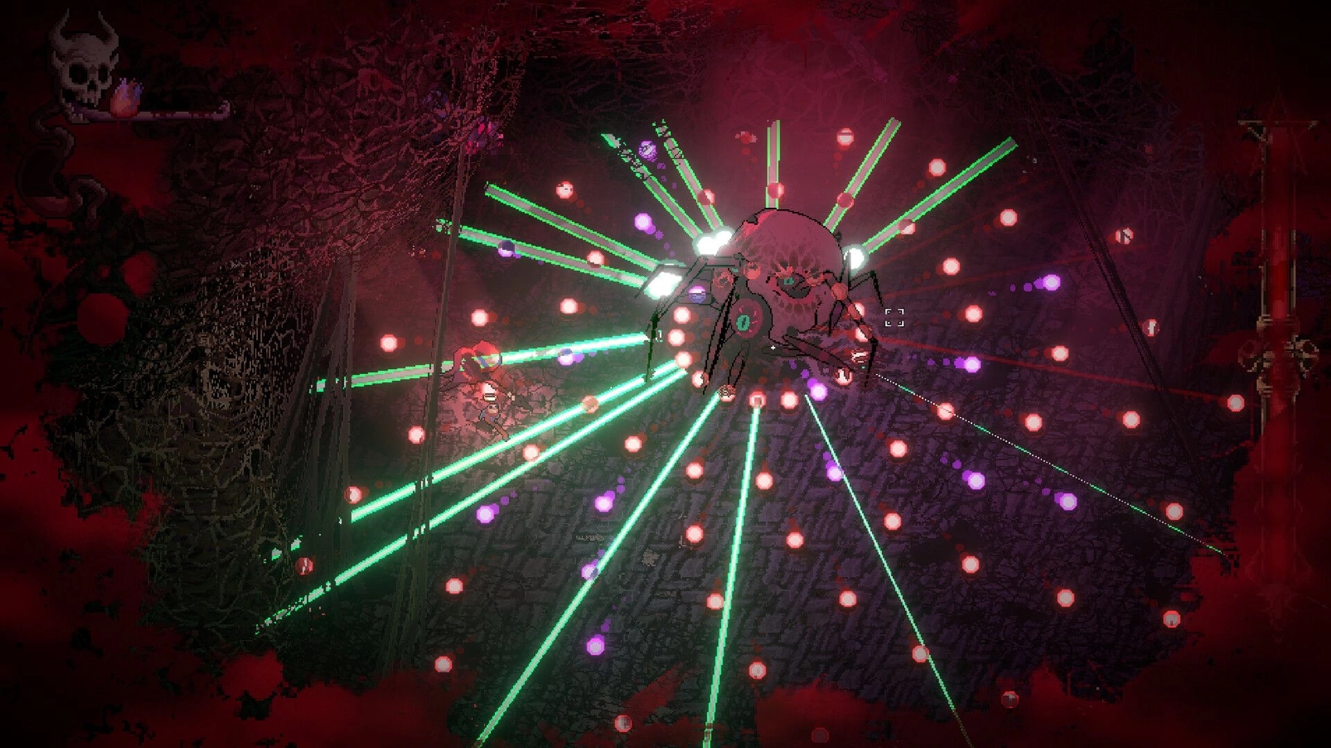 BLOODY HELL 2: Bullet-hell boss fight with huge spider firing green lasers in a dark cavern arena.