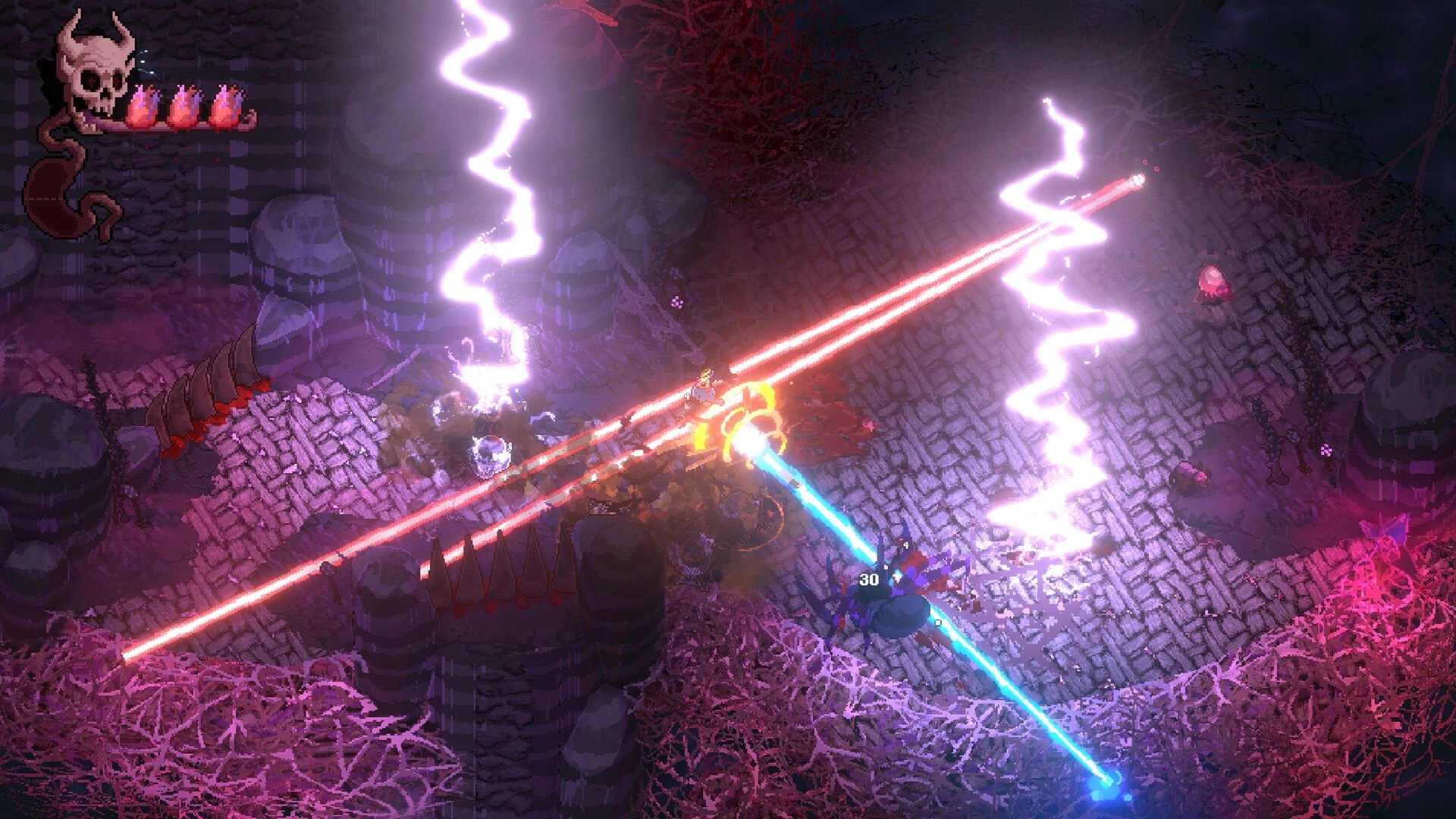 BLOODY HELL 2: Top-down battle dodging red and blue laser beams in a ruined stone hell corridor HUD visible.