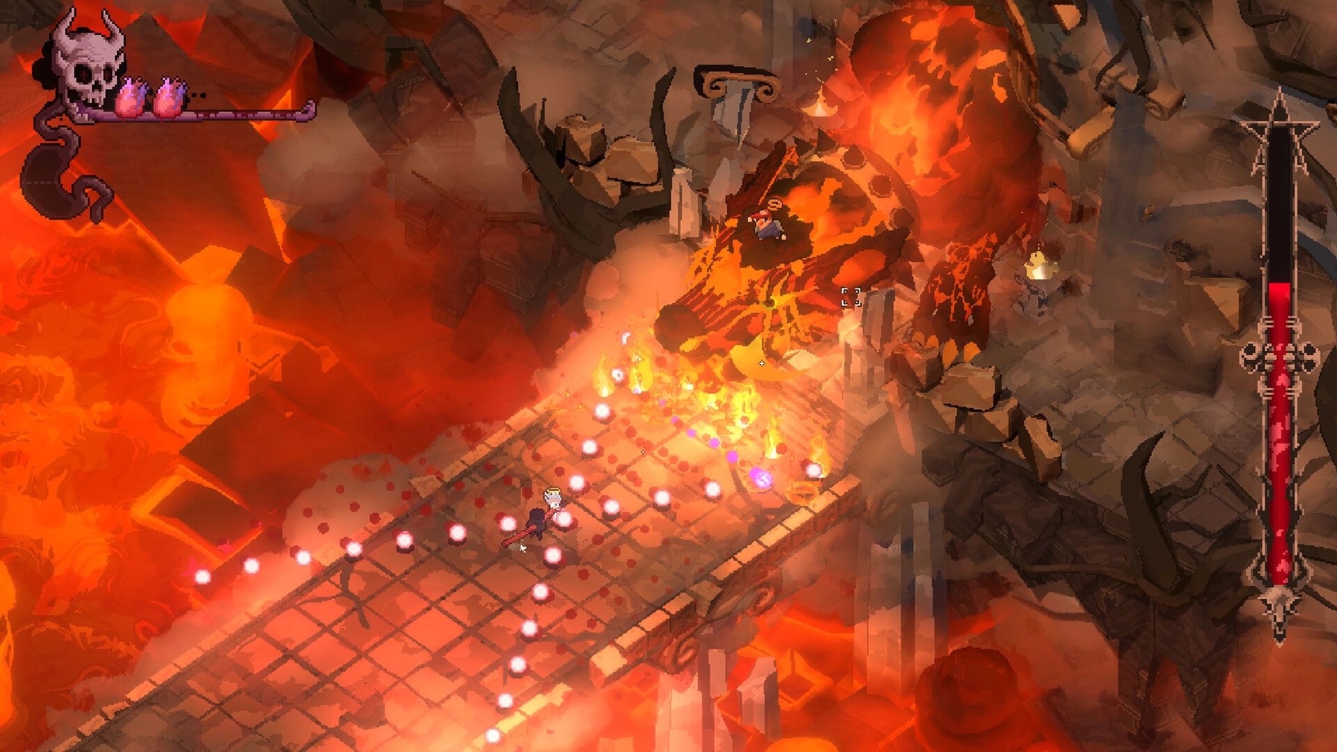 BLOODY HELL 2: Dodging bullet-hell fireballs on a stone bridge above lava, skull HUD visible.