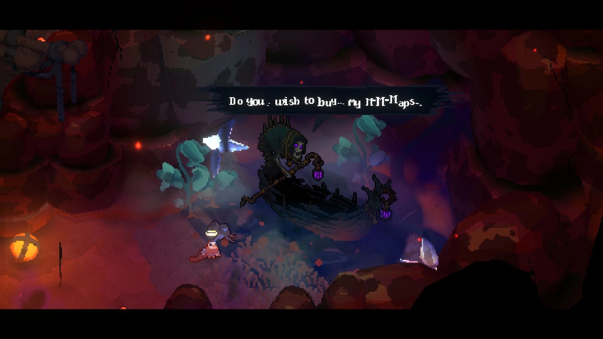 BLOODY HELL 2: Angelic birb talks to hooded boatman vendor in a red cavern, dialogue box above.