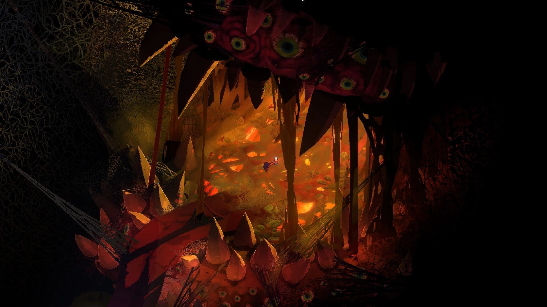 BLOODY HELL 2: Tiny hero stands in a glowing cavern framed by giant fangs and many watching eyes.