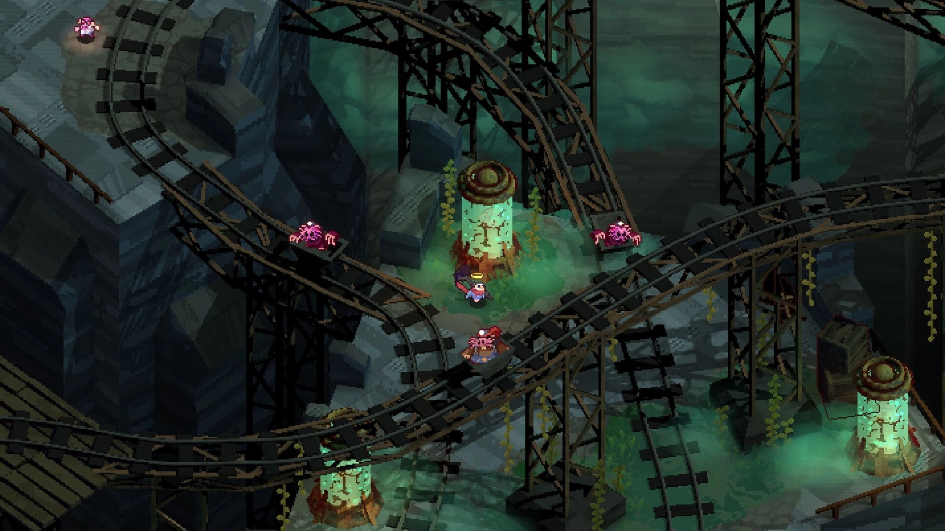 BLOODY HELL 2: Angelic birb with huge hammer fights pink demons on tangled mine tracks by green vats.