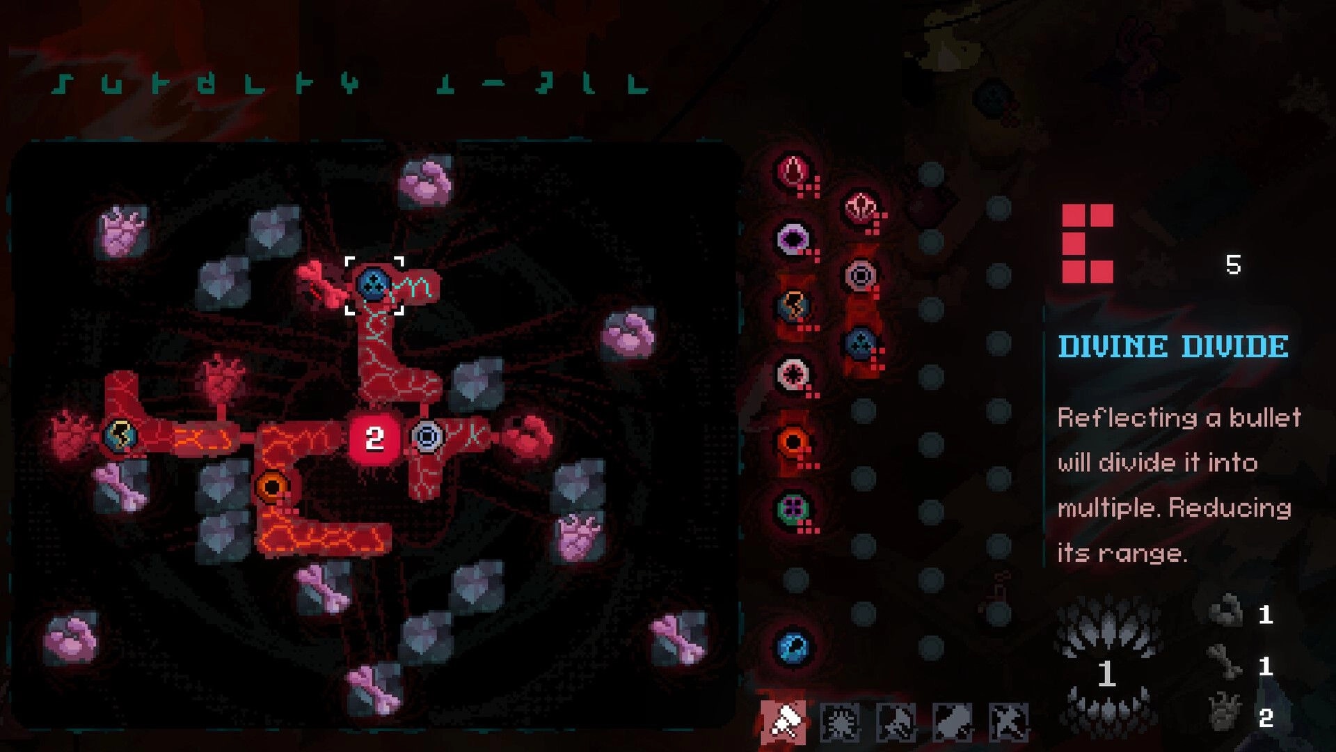 BLOODY HELL 2: Skill tree menu with red branching nodes and Divine Divide tooltip on dark UI.