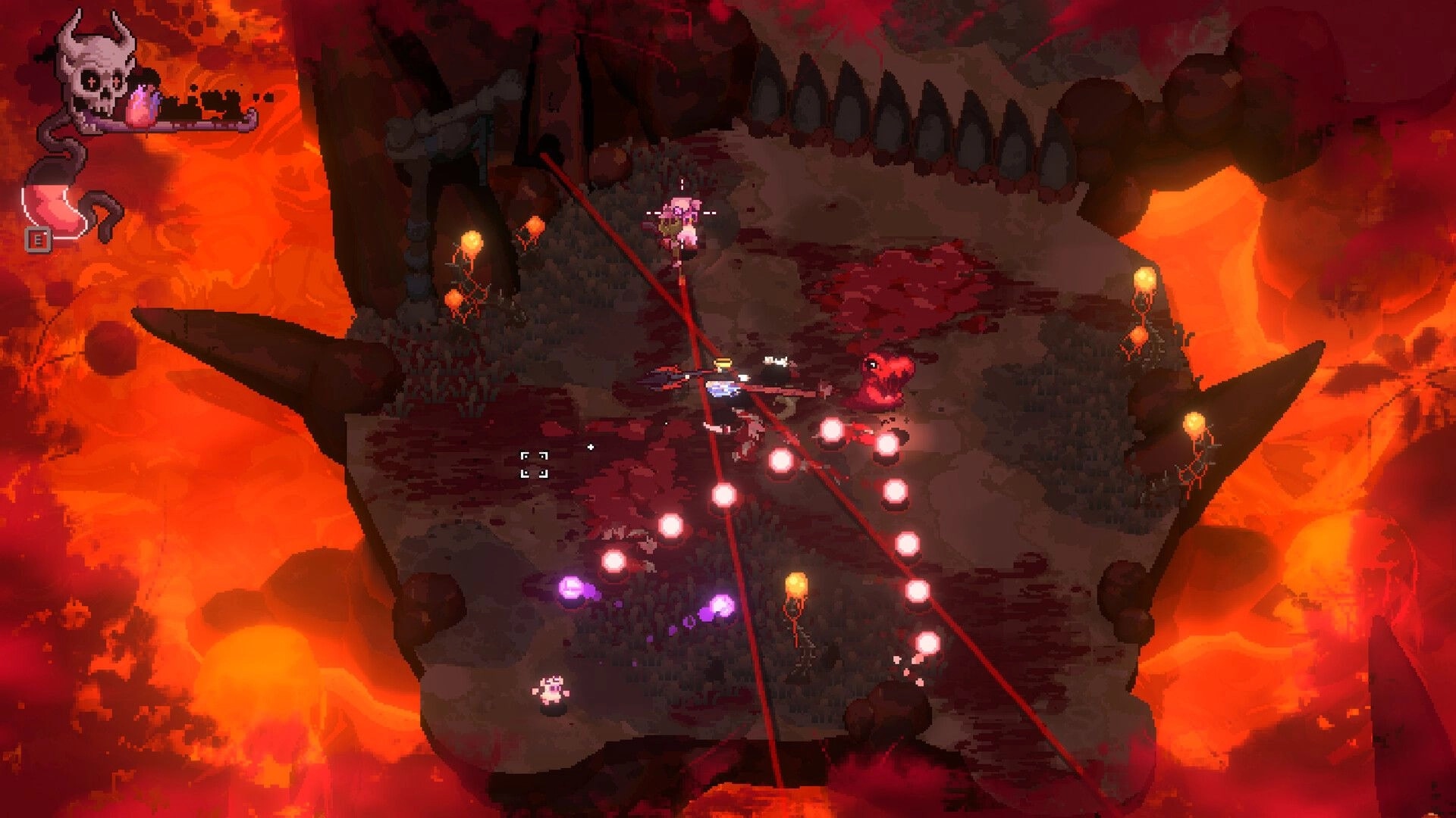 BLOODY HELL 2: Top-down bullet-hell fight on a fleshy lava island, dodging lasers and pink orbs.