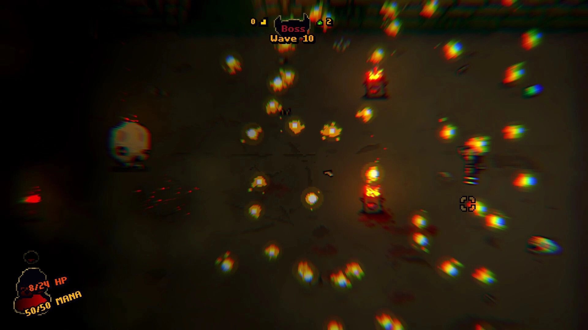 Bloody Shrine: Player battles wave 10 in dark arena, health and mana displayed, skull enemy present.
