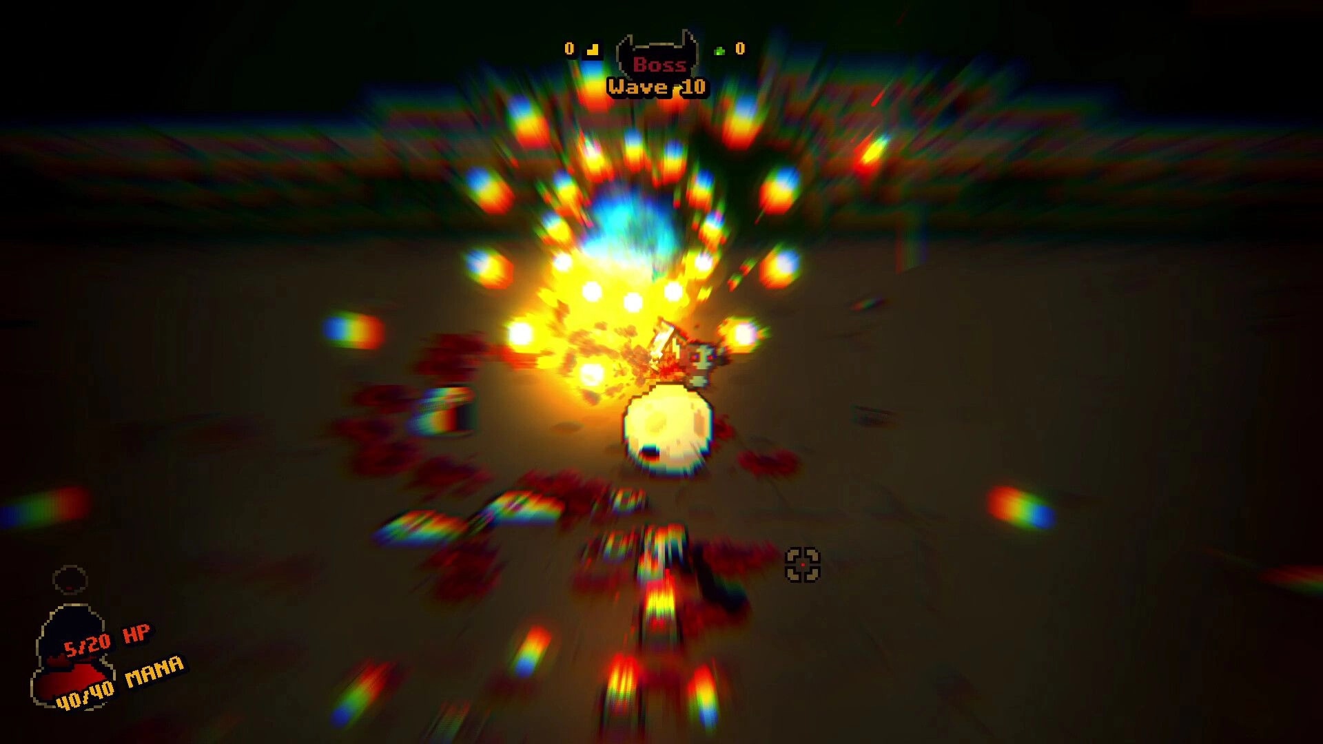 Bloody Shrine: Player battles boss on wave 10 with colorful explosions and low health in dark arena