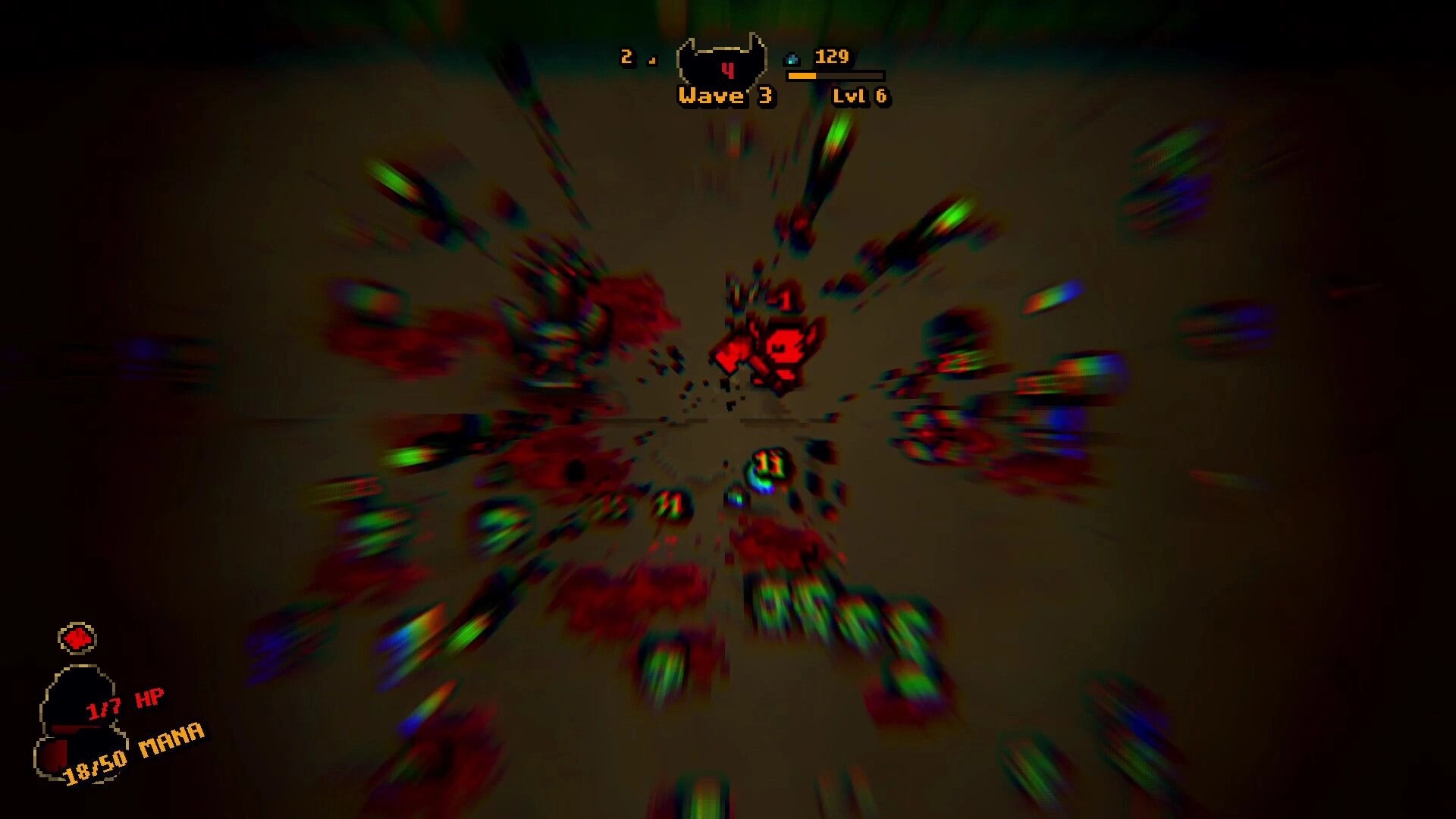 Bloody Shrine: Intense battle with red demon in arena, UI shows health, mana, wave, and level stats.