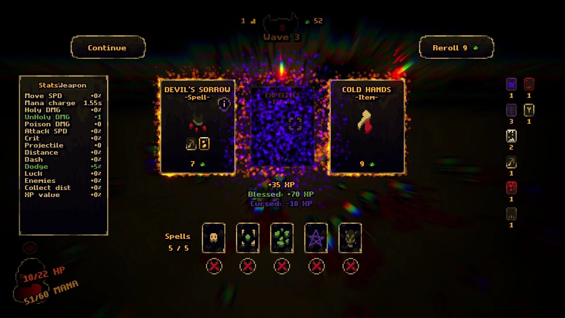 Bloody Shrine: Selection screen with stats overview, spells, and item choices in a dark arena setting.