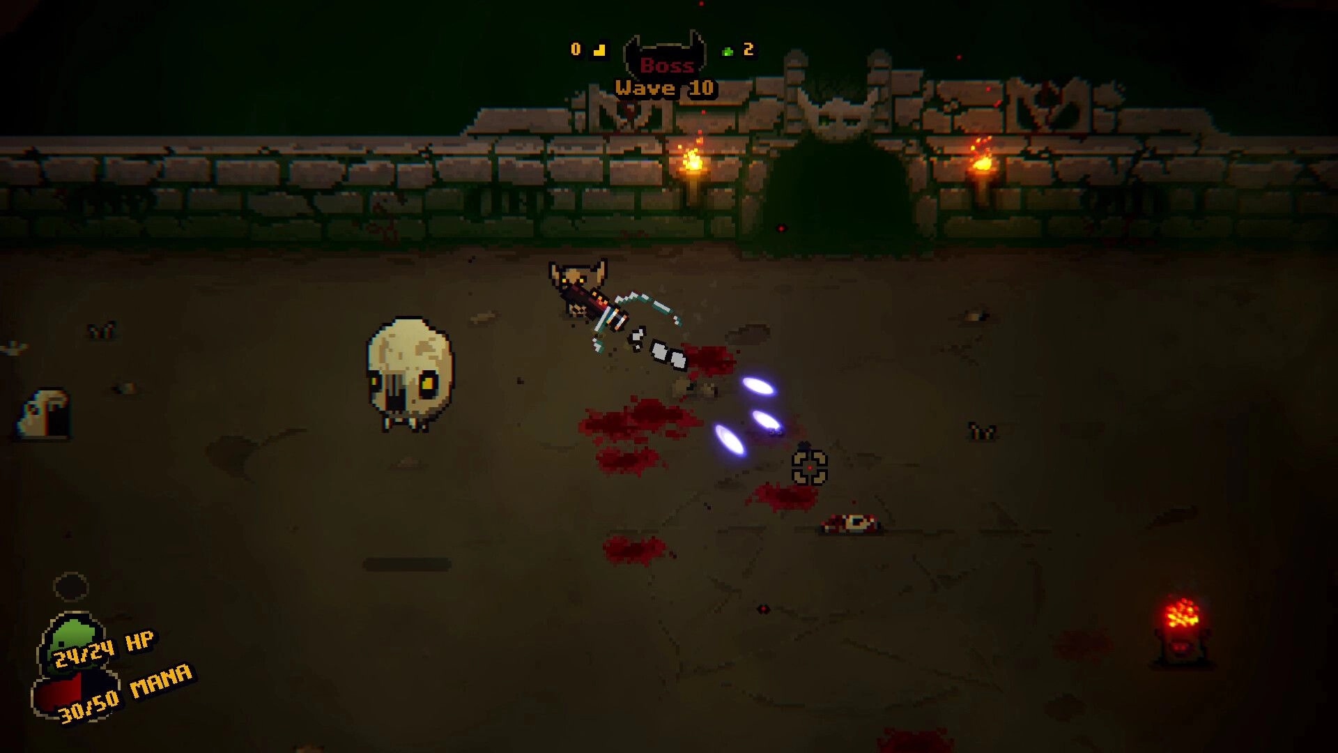 Bloody Shrine: Player character firing at large skull enemy in dark arena with health and mana displayed