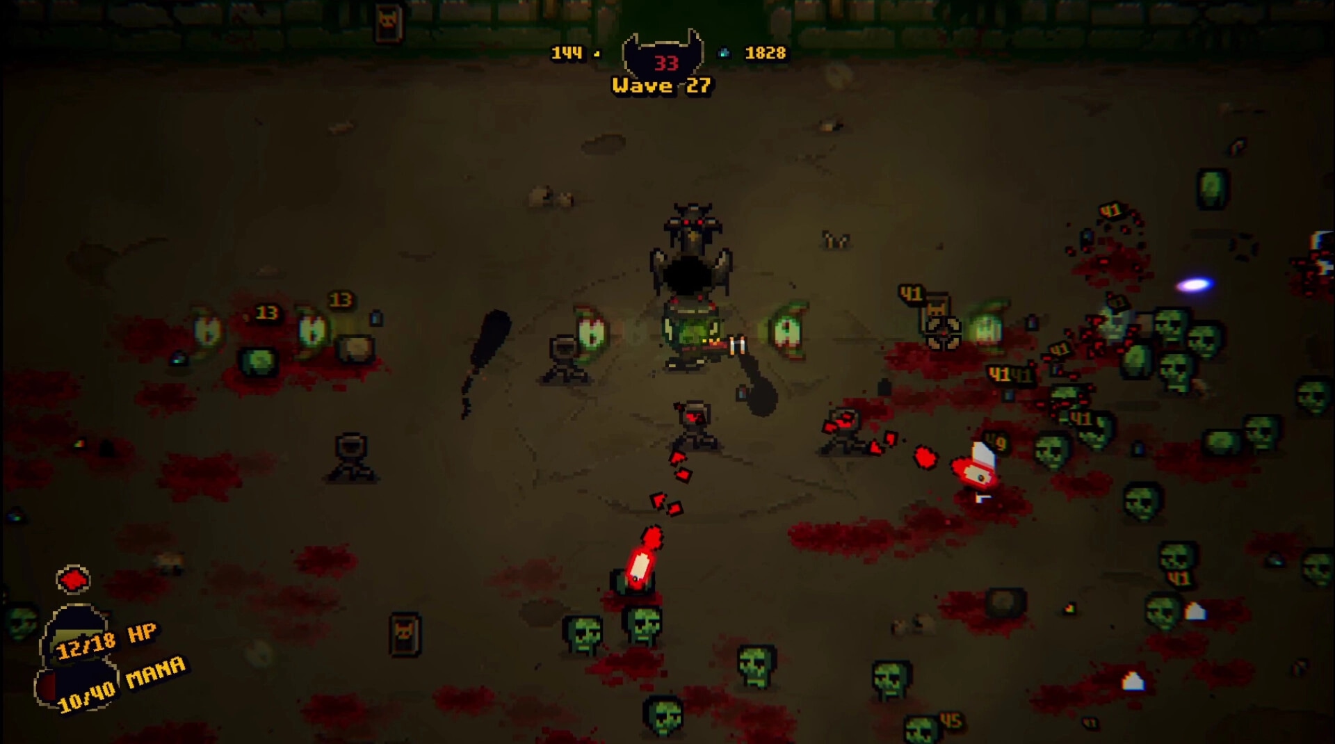 Bloody Shrine: Player character fights wave of green zombie heads in dark, blood-stained arena setting.