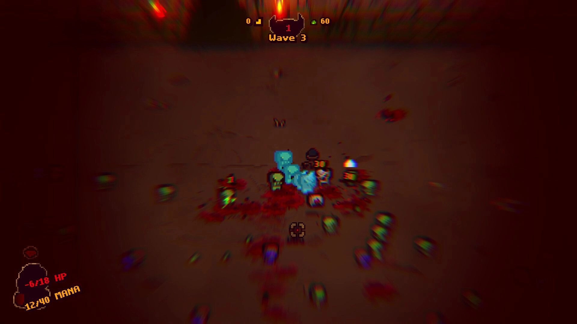 Bloody Shrine: Player surrounded by enemies in arena with health and mana stats displayed on screen.