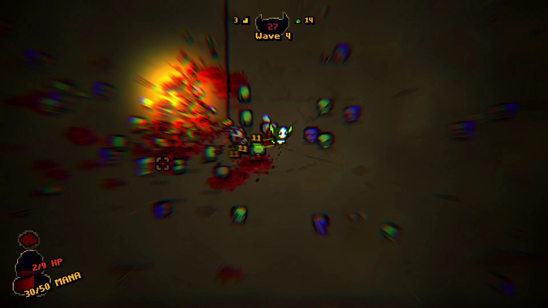 Bloody Shrine: Player character battling wave of enemies with health and mana HUD in dark arena