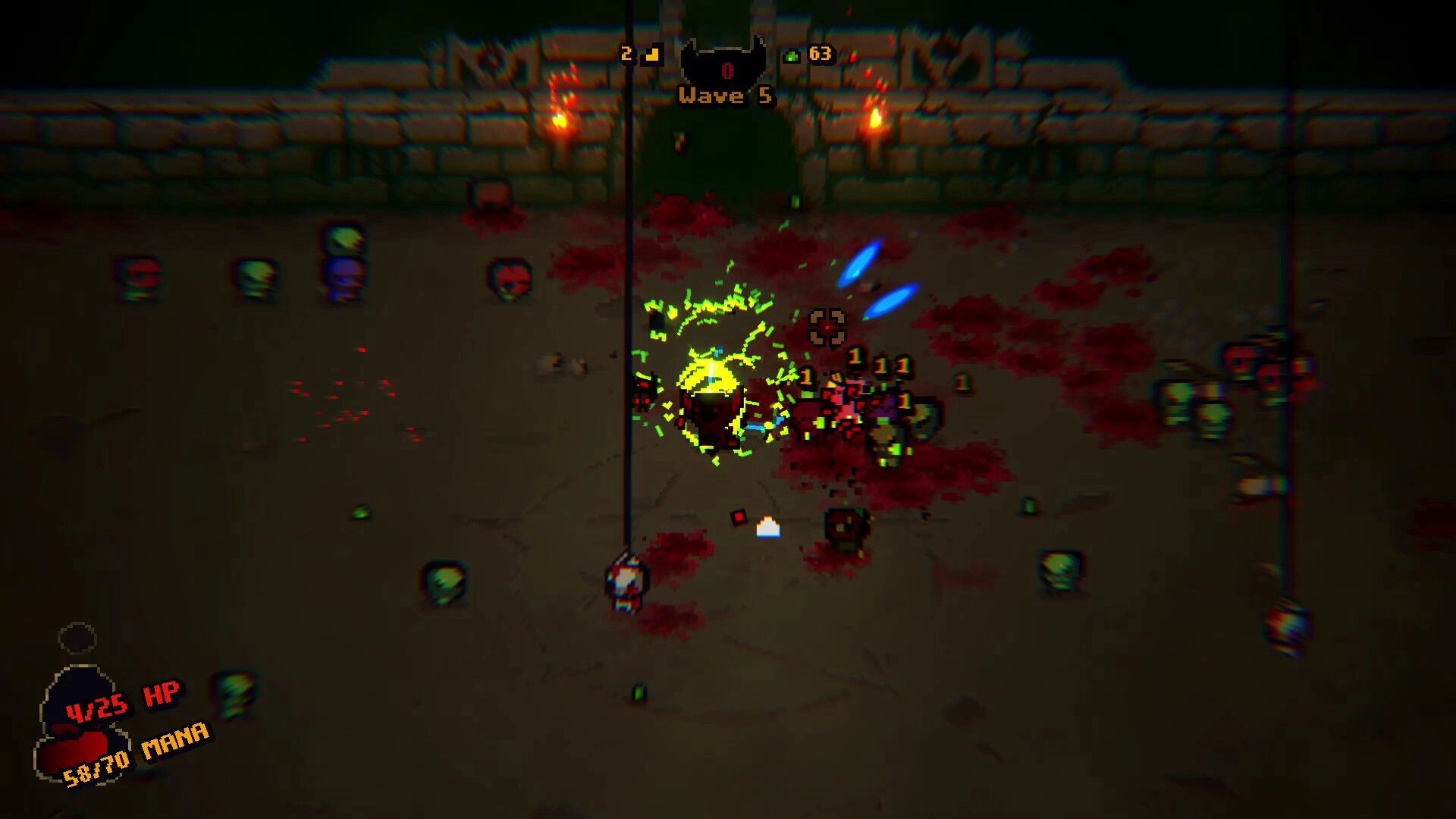Bloody Shrine: Wave 5 combat with bloodied arena and player surrounded by enemies near stone wall.