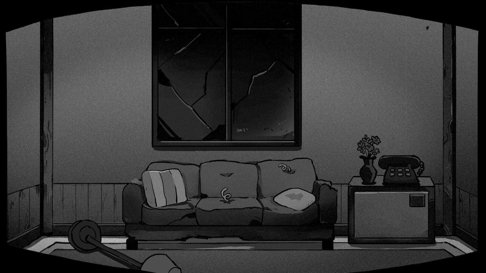 Bloom!: Dimly lit living room with a cracked window, worn couch, and rotary phone on side table