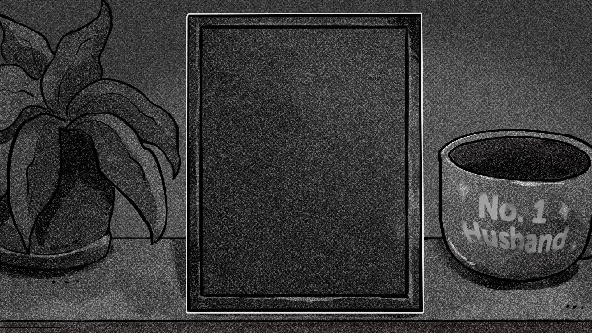 Bloom!: Framed photo surrounded by plant and "No. 1 Husband" mug on a dimly lit shelf