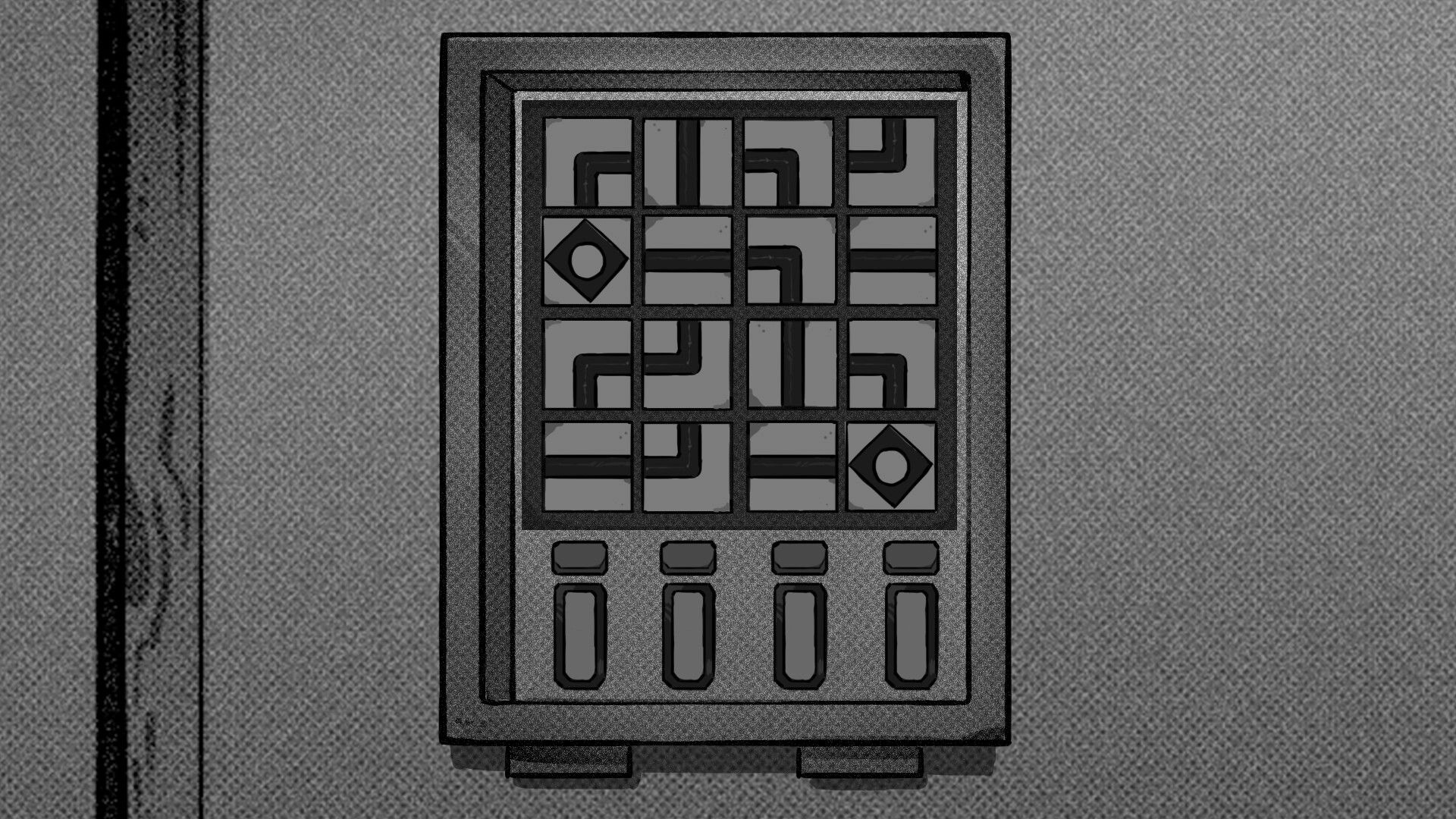 Bloom!: Puzzle interface with grid of tiles and symbols on a textured wall background