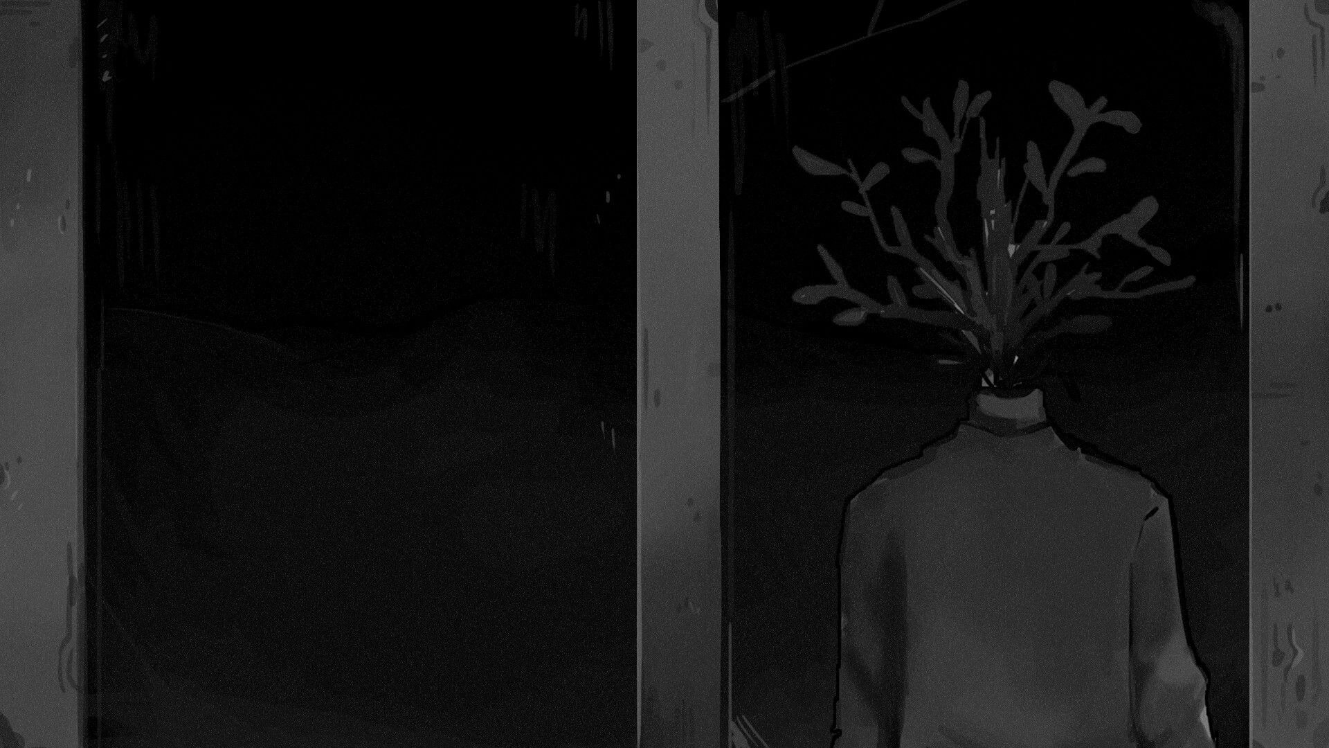 Bloom!: Root-Man with tree-like head stands outside a dark window, creating a tense horror atmosphere.