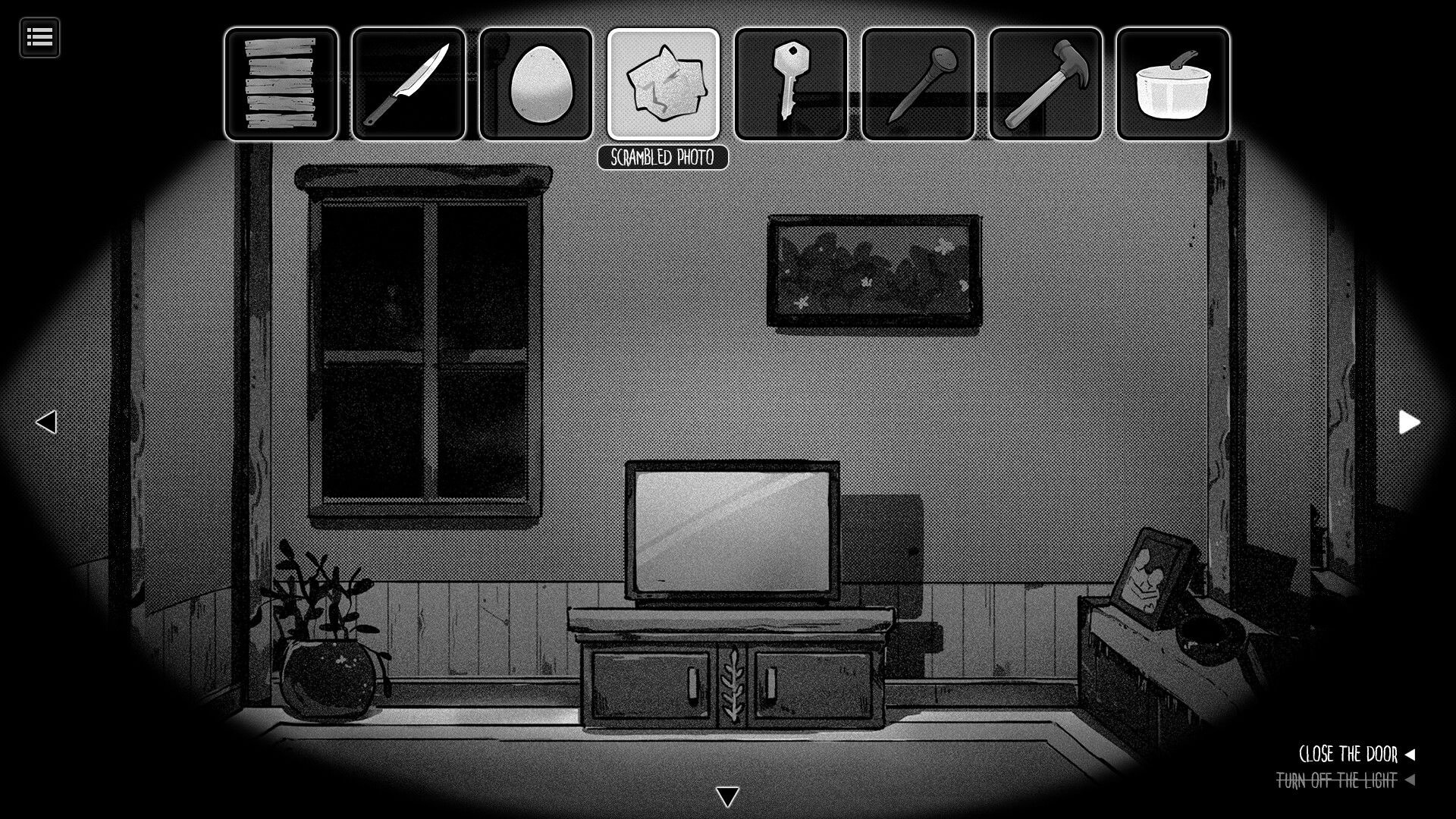 Bloom!: Inventory menu displayed above a dimly lit living room with television and window.
