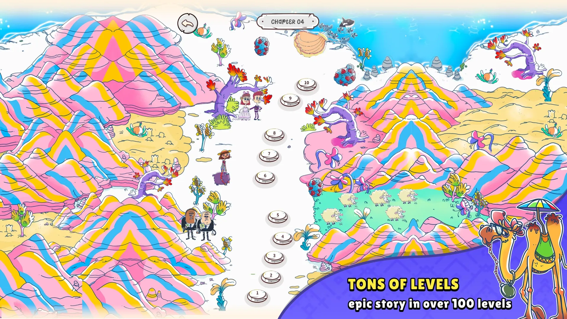 Bloom: Colorful mountain landscape with numbered path and two characters exploring berries and trees