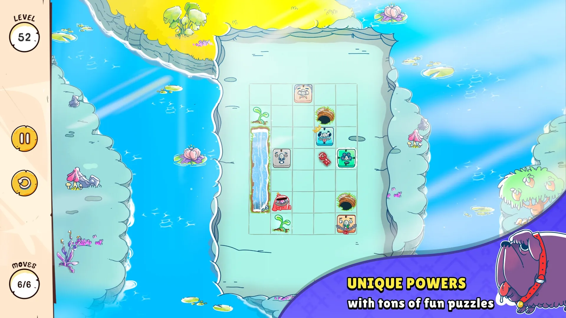 Bloom: Puzzle grid with character blocks and obstacles on a water-themed level with side menu options