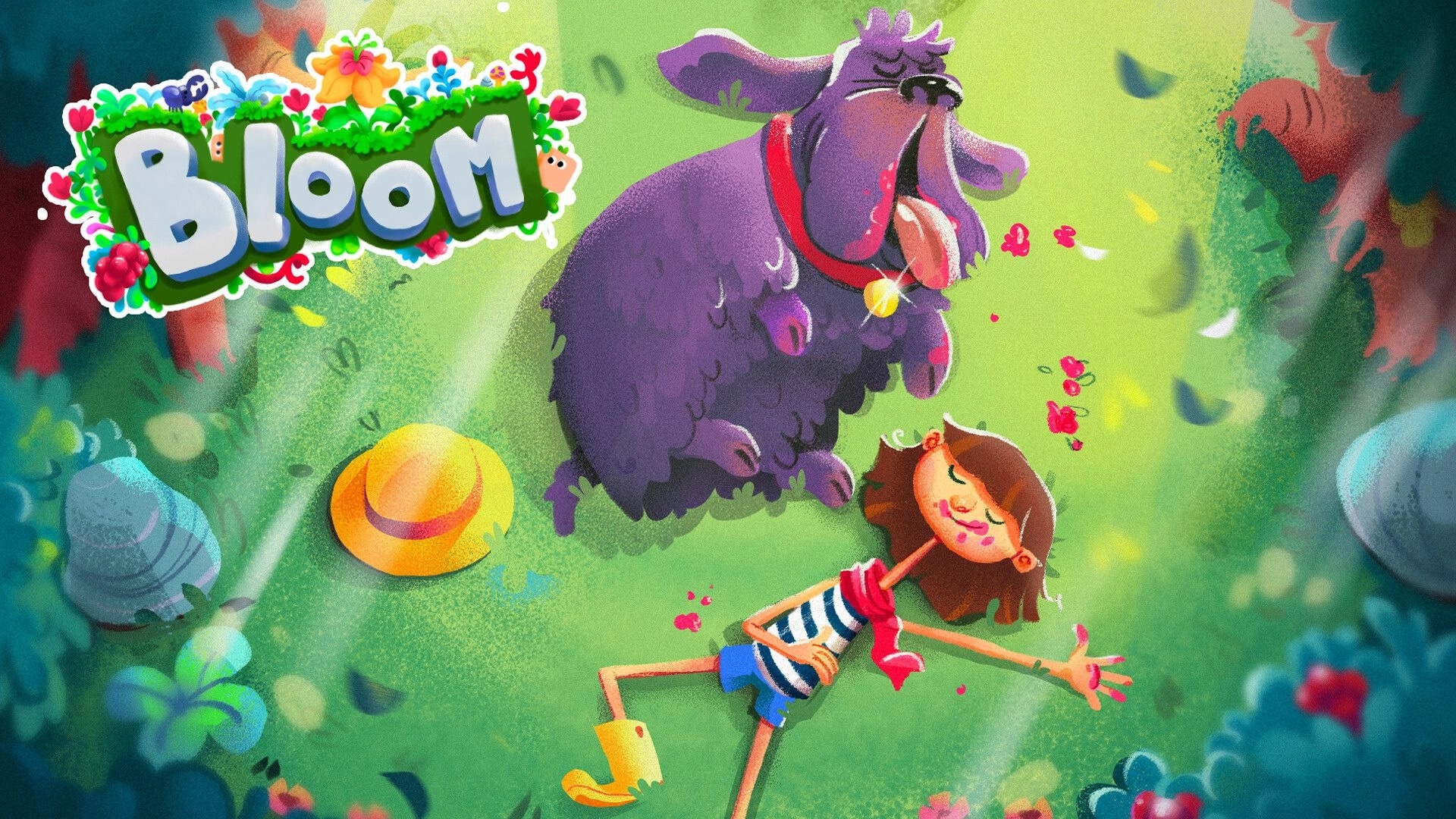 Bloom: A puppy yawning next to a girl lying in a sunny, berry-filled garden clearing.