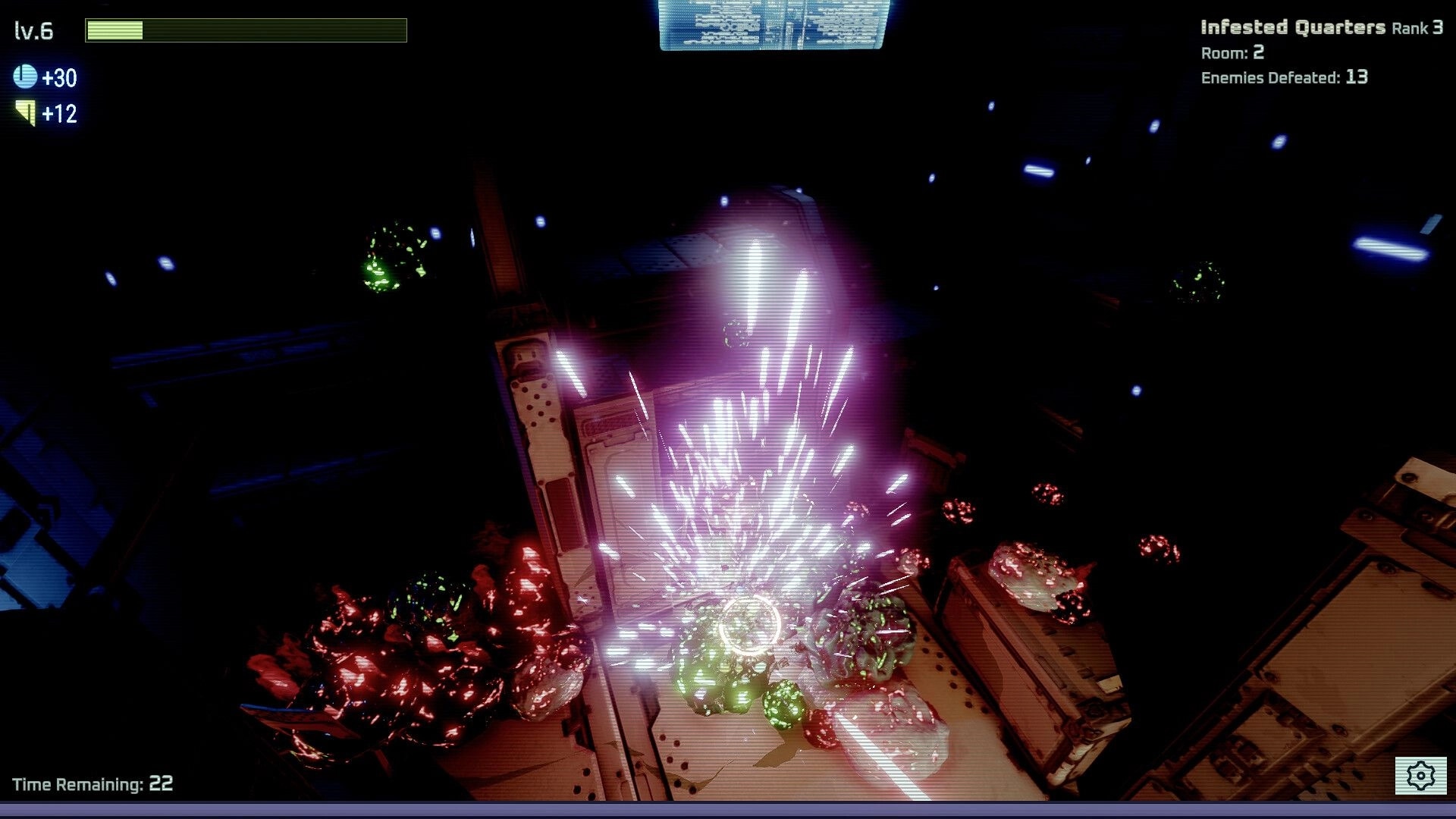Bloom Control: Purple blast detonates on infested platform, UI shows rank 3 and time remaining 22.