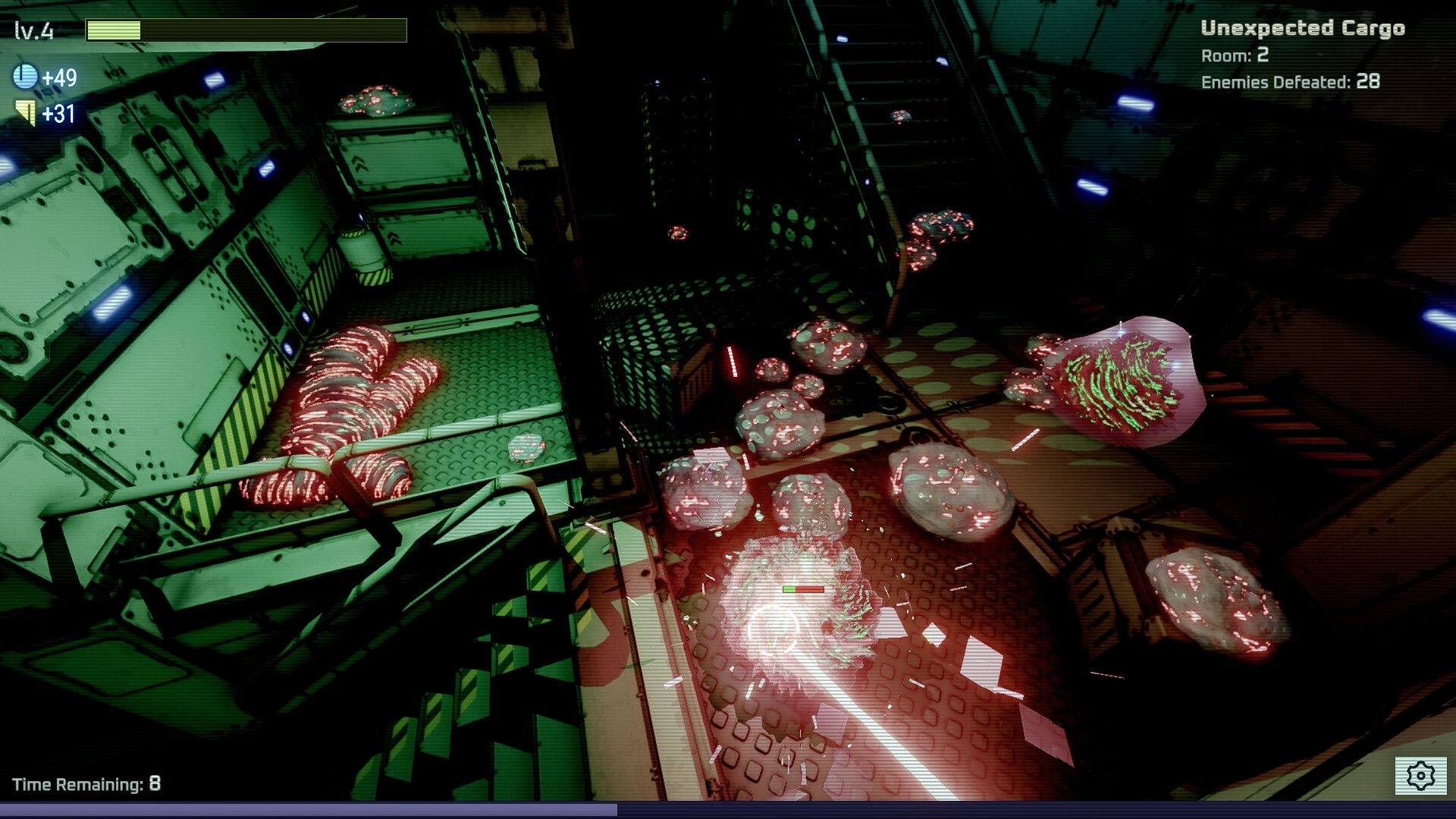 Bloom Control: Energy blast hits glowing Bloom pods in a cargo bay corridor with mission stats UI.