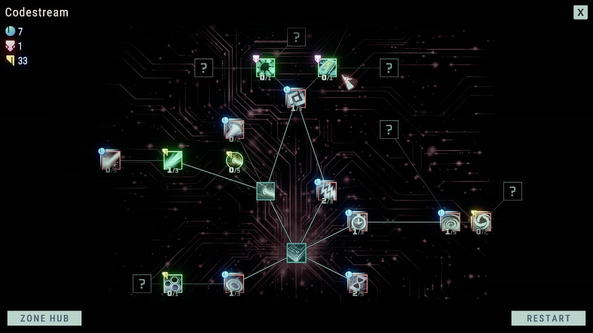 Bloom Control: Codestream upgrade tree with linked nodes and question marks on a circuit-board backdrop.