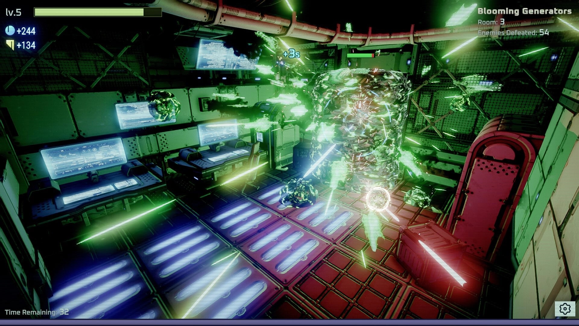 Bloom Control: Turret blasts a Blooming Generator in a neon lab room with timers and kill count UI.
