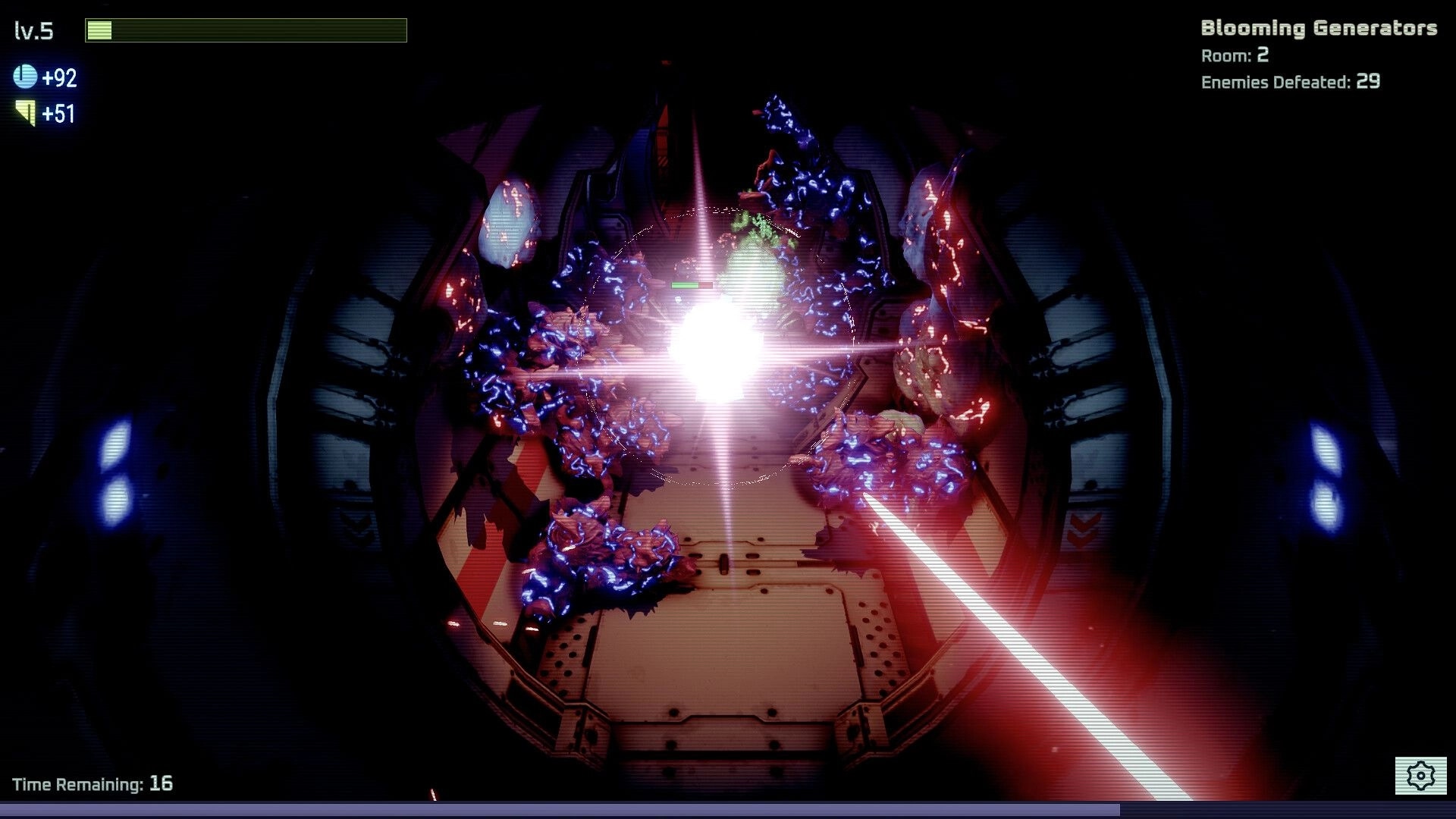 Bloom Control: Bright blast hits purple Bloom clusters in a sci-fi corridor, HUD shows room and timer.