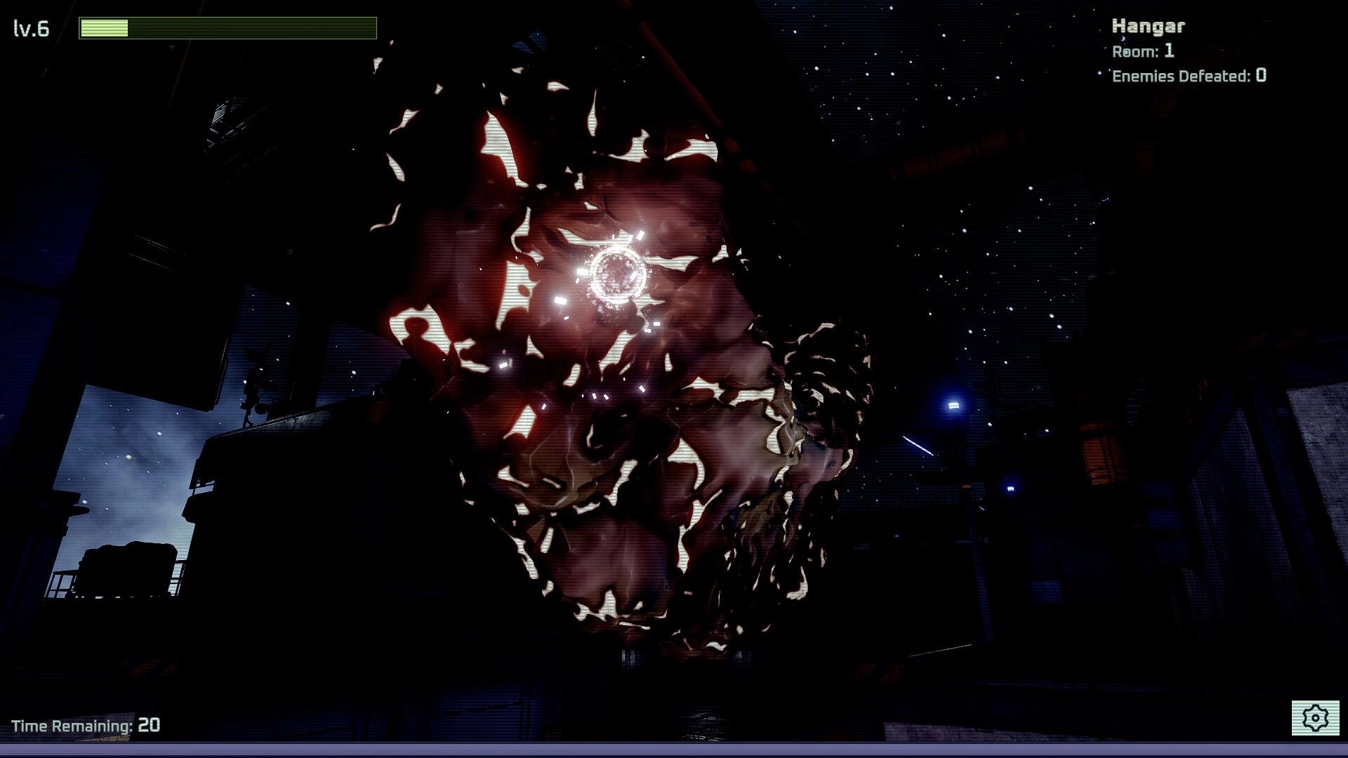 Bloom Control: Massive Bloom mass with glowing core in dark hangar, HUD shows Lv.6 and time 20.