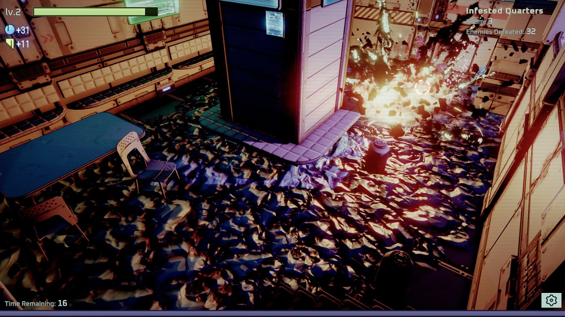 Bloom Control: Explosion clears black infestation in corridor room, HUD shows time remaining and kills.