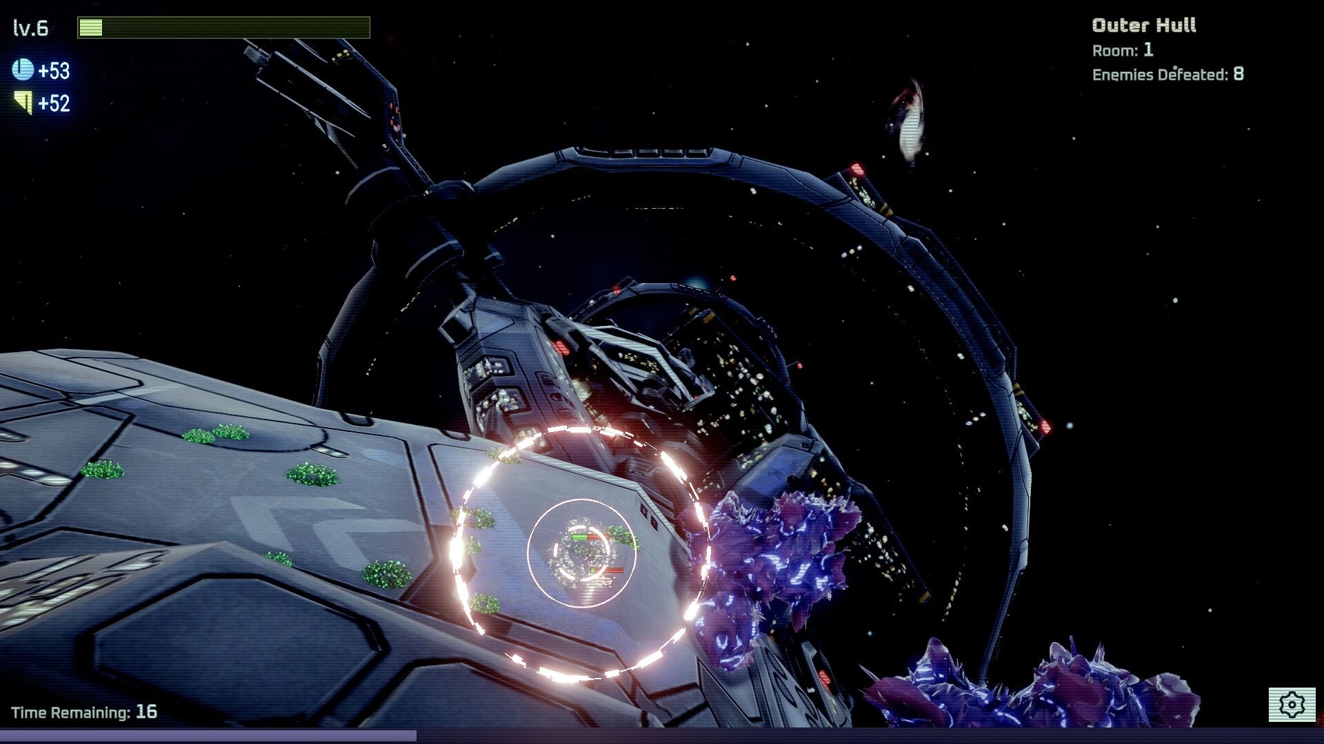 Bloom Control: Targeting reticle over ship hull with bloom clusters in space, Outer Hull HUD stats.