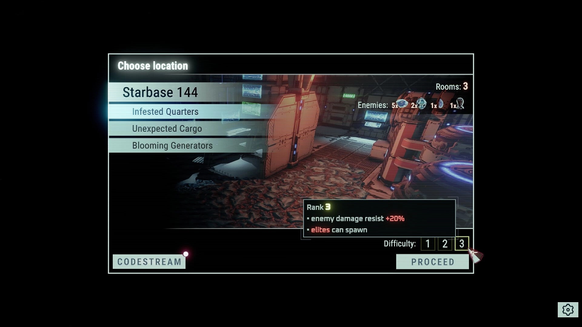 Bloom Control: Location selection menu for Starbase 144 with difficulty slider over infested corridor.