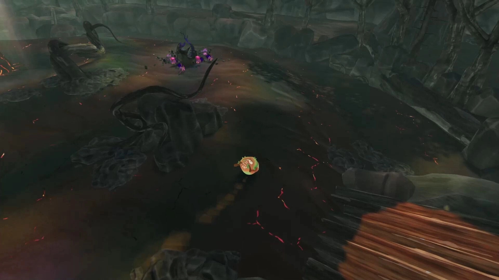 BloomKeeper: Top-down view of a small creature icon approaching purple enemies in a scorched swamp arena.