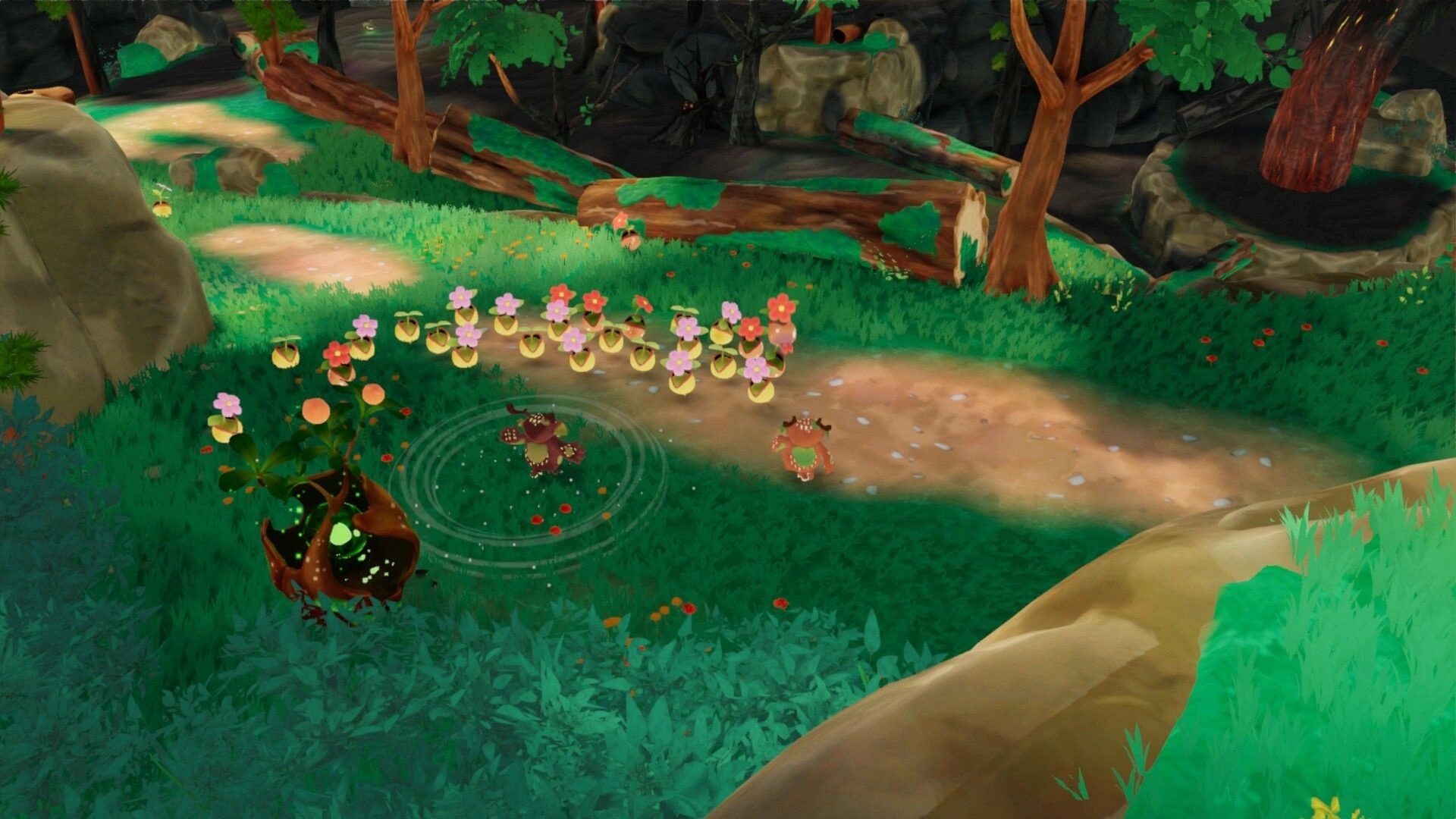 BloomKeeper: Two small creatures rally flower Pouics on a dirt path in a lush forest clearing.