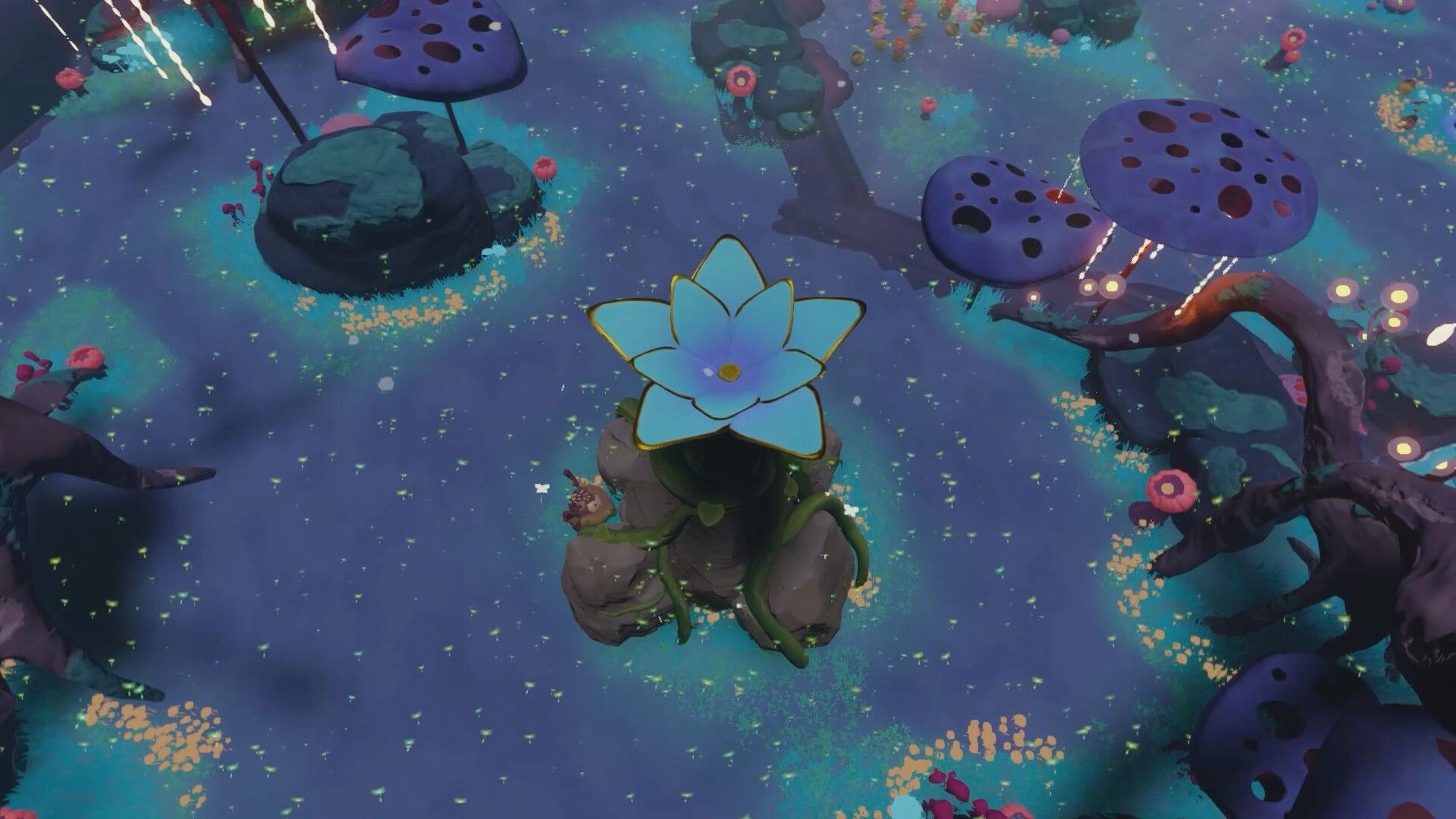 BloomKeeper: Giant blue flower atop rocky pedestal in glowing mushroom forest with drifting spores.