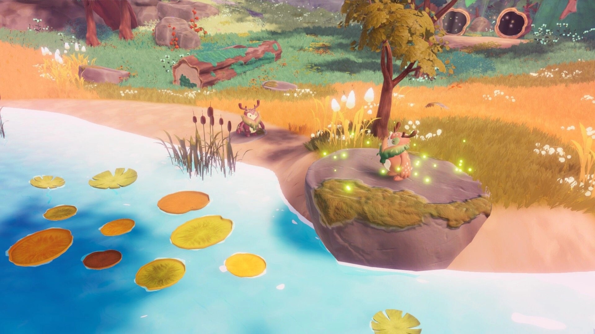 BloomKeeper: Two antlered creatures idle by a pond with lily pads in a bright meadow clearing.