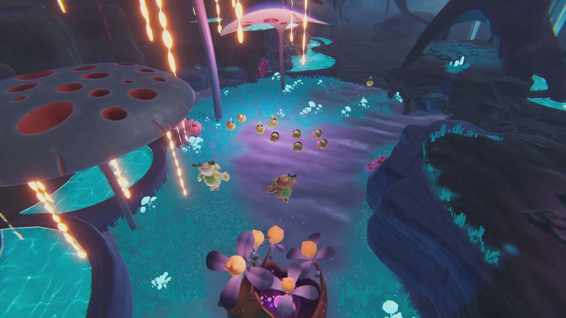 BloomKeeper: Two small creatures explore a glowing mushroom grove, approaching a line of fruit pickups.