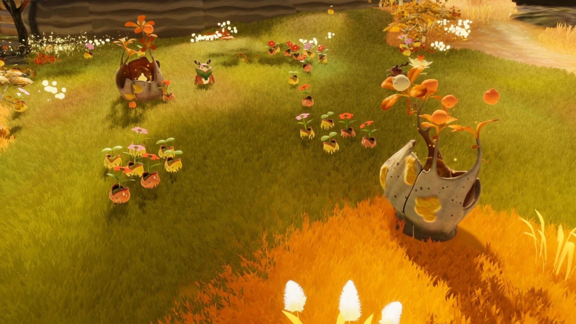 BloomKeeper: Pouic creatures gather around two shell planters with orange flowers in a sunny grassy field.