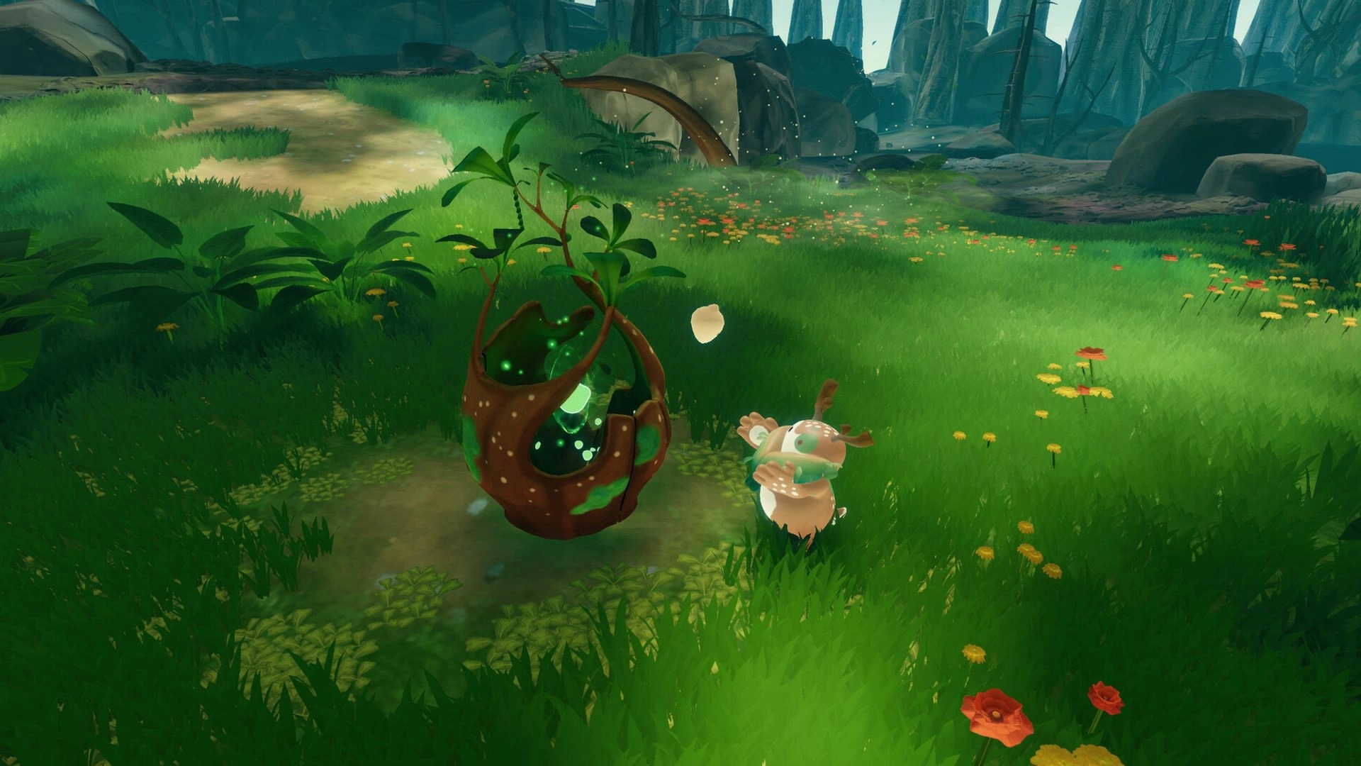 BloomKeeper: Small creature tends a glowing seed pod in a grassy clearing with wildflowers and rocky cliffs.