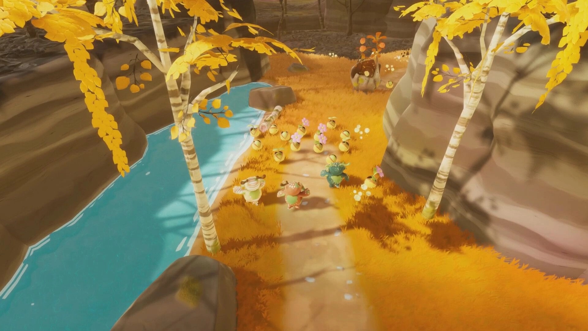 BloomKeeper: Three Pouics lead a line of sprouts along a riverside path through golden trees and cliffs.