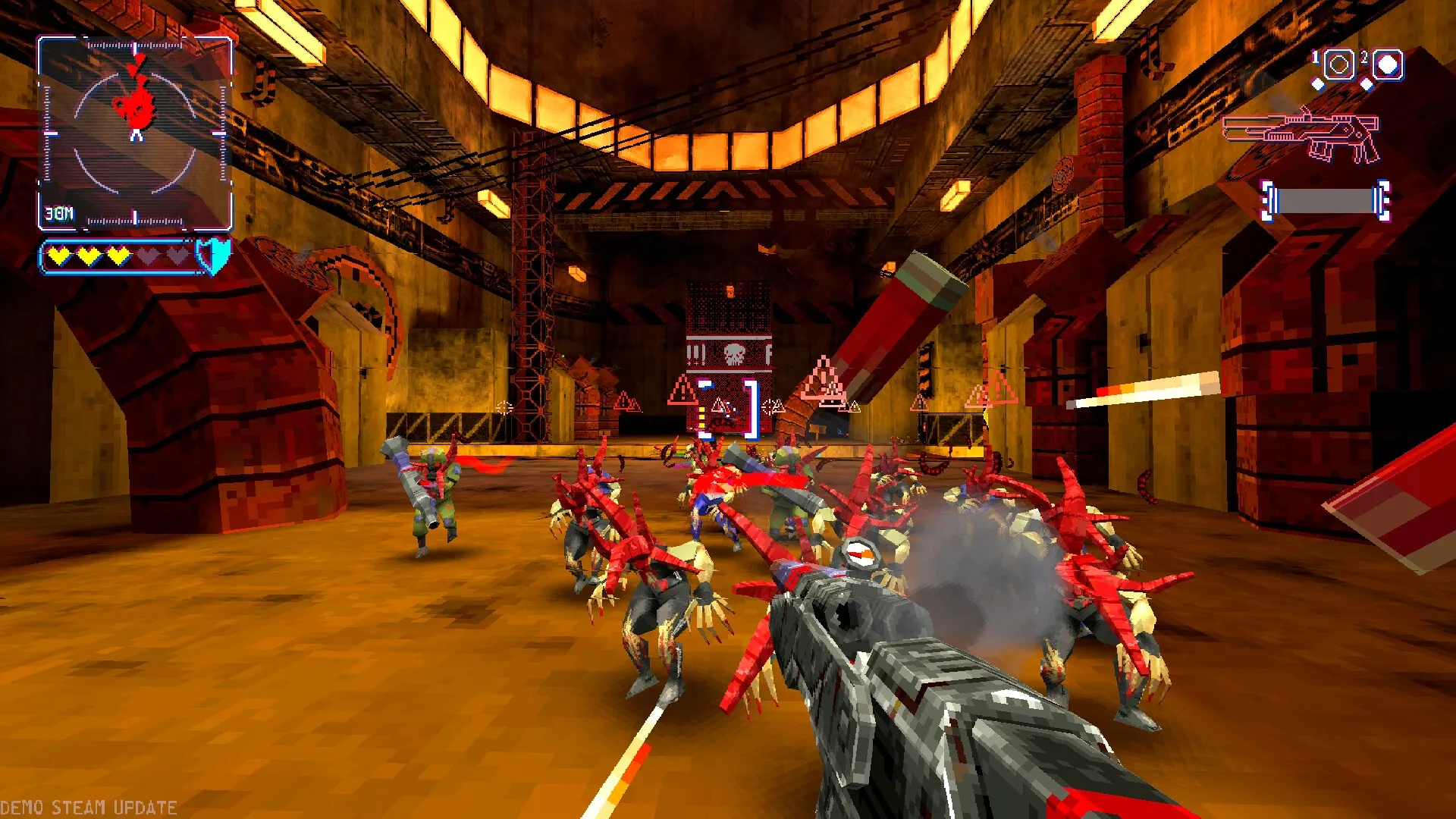 BLOW-UP: Intense combat with red alien creatures in an industrial facility, weapon UI elements visible