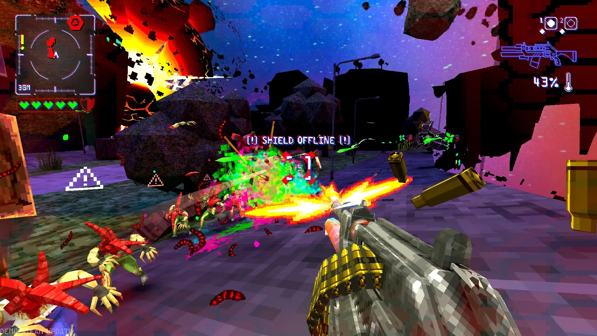 BLOW-UP: First-person combat with aliens, HUD shows shield offline and ammo count in a fiery battlefield.