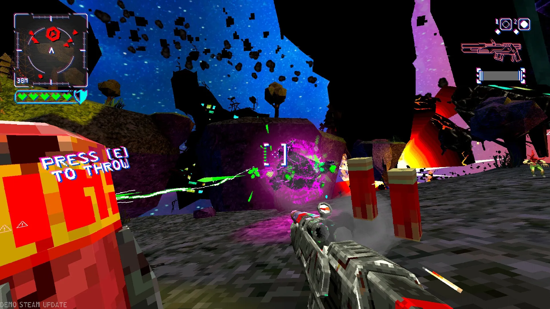 BLOW-UP: Player aiming weapon at glowing alien orb in rocky terrain with vibrant sky and UI elements