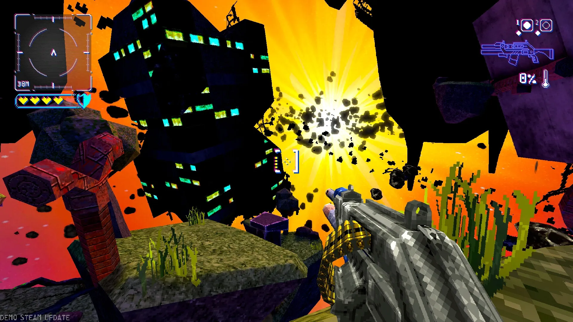 BLOW-UP: Player aims futuristic weapon at exploding alien structure in vibrant, chaotic space environment.