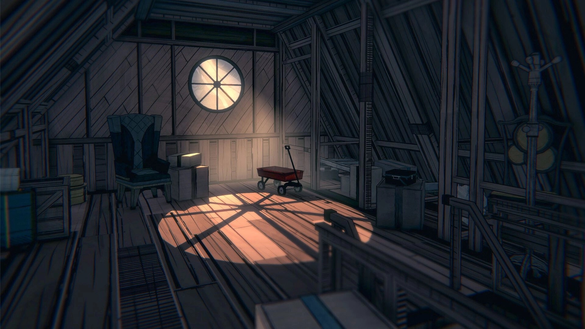 Blue Prince: Sunlit attic with wooden crates, red wagon, and light streaming through circular window
