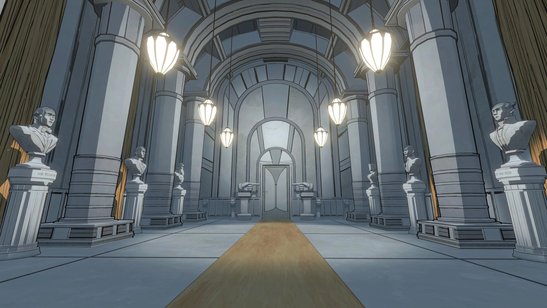 Blue Prince: Grand hallway with ornate arches and busts on pedestals in a mysterious chamber