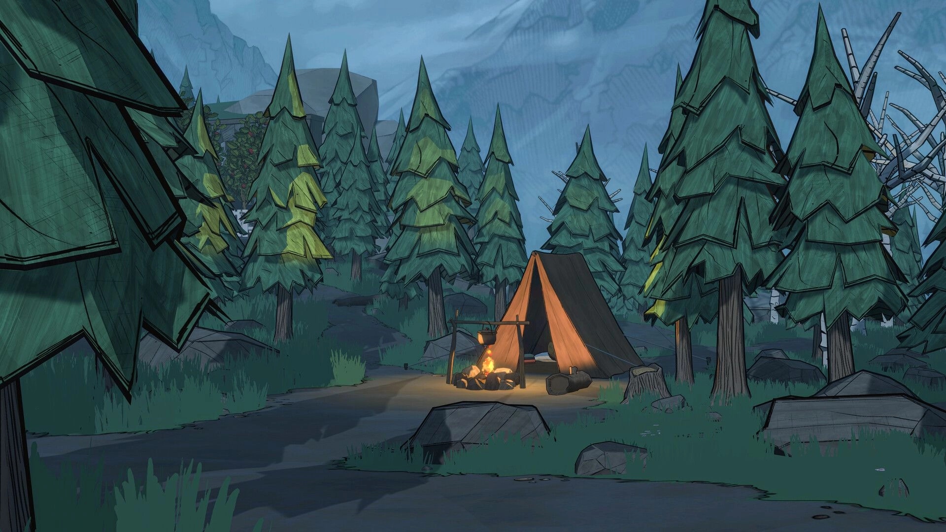 Blue Prince: Campsite with glowing fire and tent amidst dense forest setting